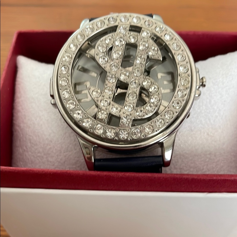 Silver Dollar Sign Spinner Watch with Crystals